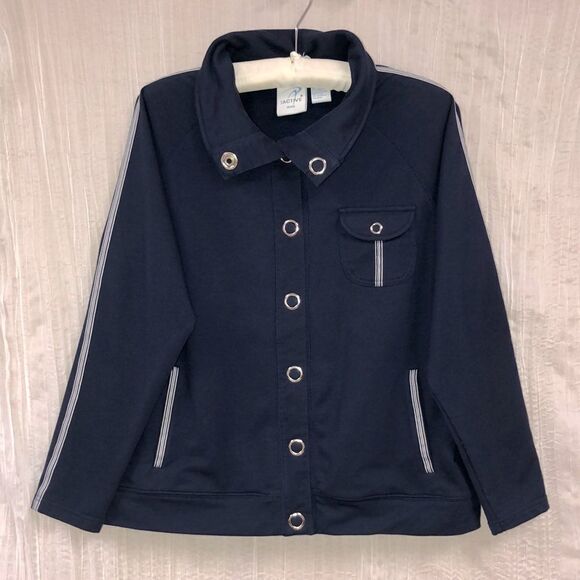 IActive PL Navy White Tripe Detail Snap Closure Mock Neck Athletic Jacket - Picture 1 of 14